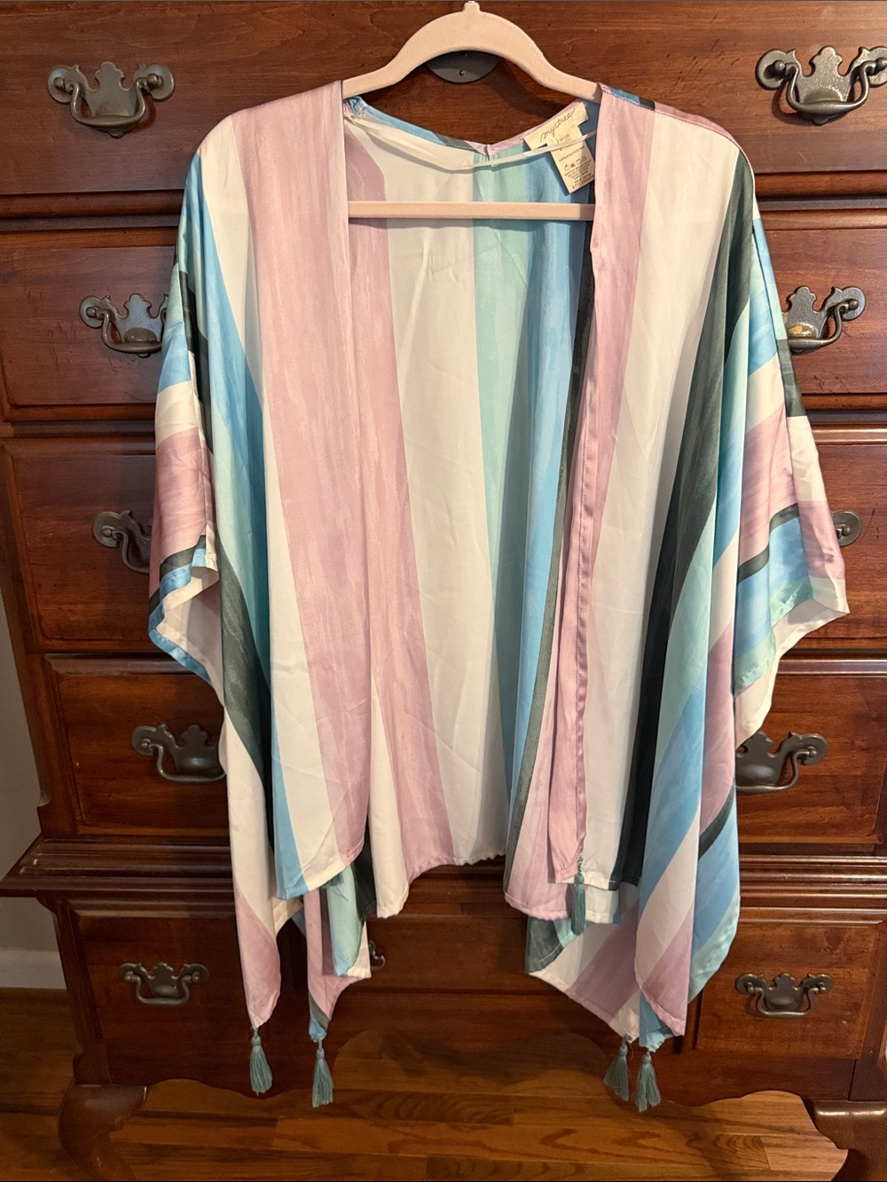 Mystree Pastel Striped Kimono with Tassel Trim - Pink & Blue